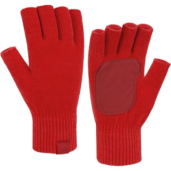 Women's Red Winter Chenille Warm Knit Typing Working Texting Half Finger Gloves - Picture 1 of 6